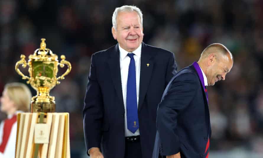 Jones is all smiles after sharing a joke with Bill Beaumont but the Webb Ellis Cup remains elusive after defeat in the 2019 Rugby World Cup final to South Africa.