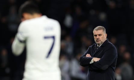 Ange Postecoglou watches on as Son Heung-min shows his disappointment after defeat by Wolves