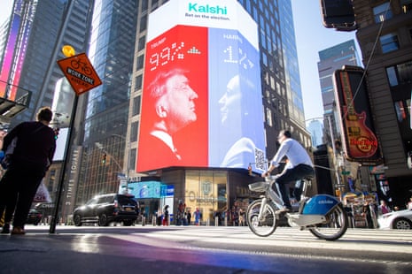 A billboard ad for Kalashi showing betting odds for the US presidential election.