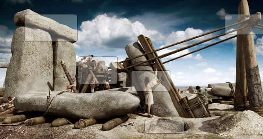 Raising the sarsens at Stonehenge, about 2500 BC. Screenshot from English Heritage website.