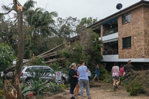 Community members clear debris of a fallen tree at a property near Robertson Street in Narrabeen on Sunday.