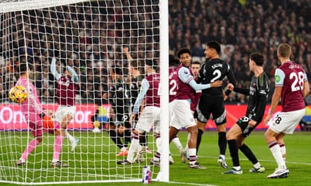 Gabriel heads home Arsenal’s opening goal at the London Stadium