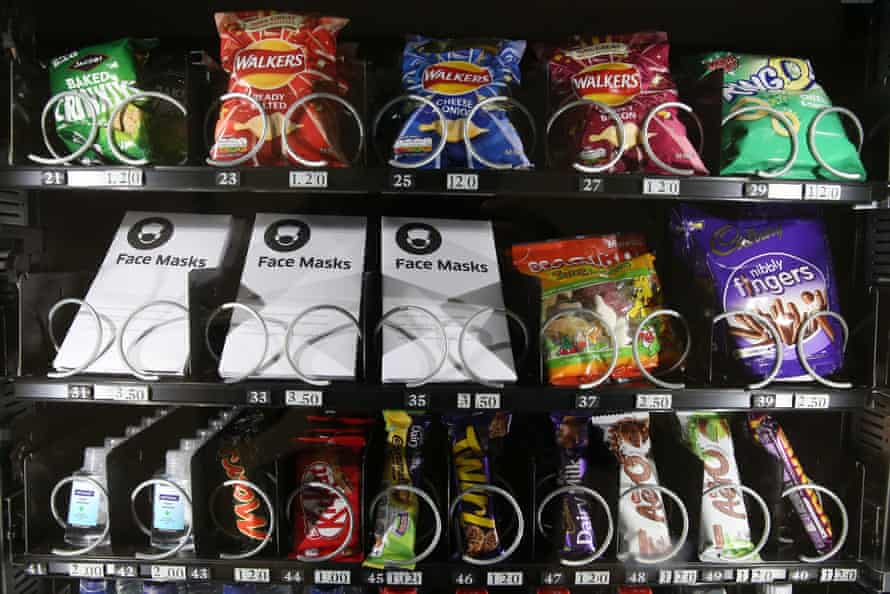 Face masks for sale in a vending machine at Edinburgh airport in February 2021.