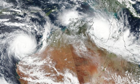 A satellite image of cyclones Trevor and Veronica lashing nothern Australia.