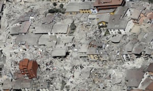 This aerial photo shows the damaged buildings in Amatrice