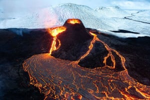 An aerial view of a lava flow from Fagradalsfjall volcano erupting in Iceland