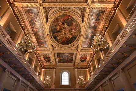 The Apotheosis of James I painted ceiling by Rubens inside Banqueting House Royal Palace, Whitehall, London.