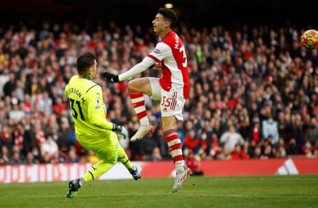 Manchester City’s Ederson clears the ball ahead of Arsenal’s Gabriel Martinelli.