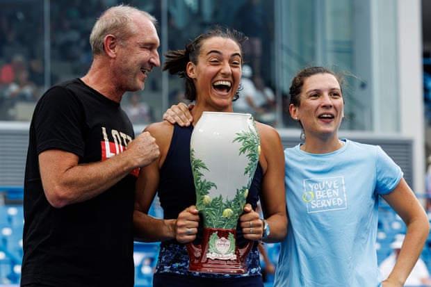 Caroline Garcia with her coaching team after beating Petra Kvitova in the women’s final.