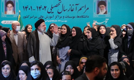 Iran's president, Ebrahim Raisi, at Al-Zahra university in Tehran in October 2022, where he urged professors and students to oppose those protesting at the death of Mahsa Amini.