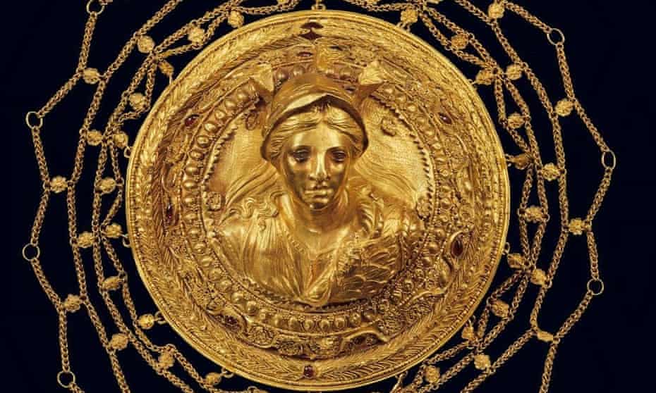 A gold headdress from about 350-100 BCE, adorned with an image of Athena, Greek goddess of wisdom.