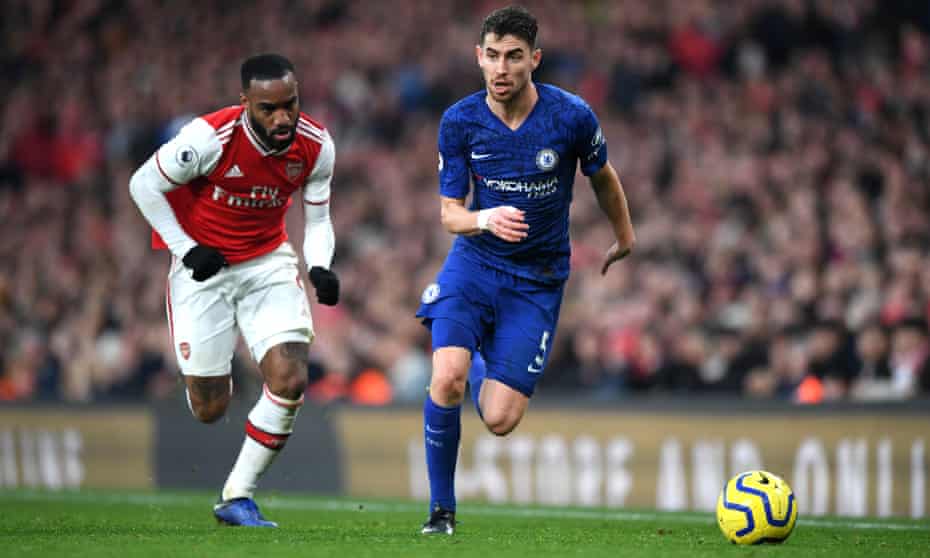 Jorginho sprints away from Arsenal’s Alexandre Lacazette during Chelsea’s 2-1 win at the Emirates Stadium on Sunday.