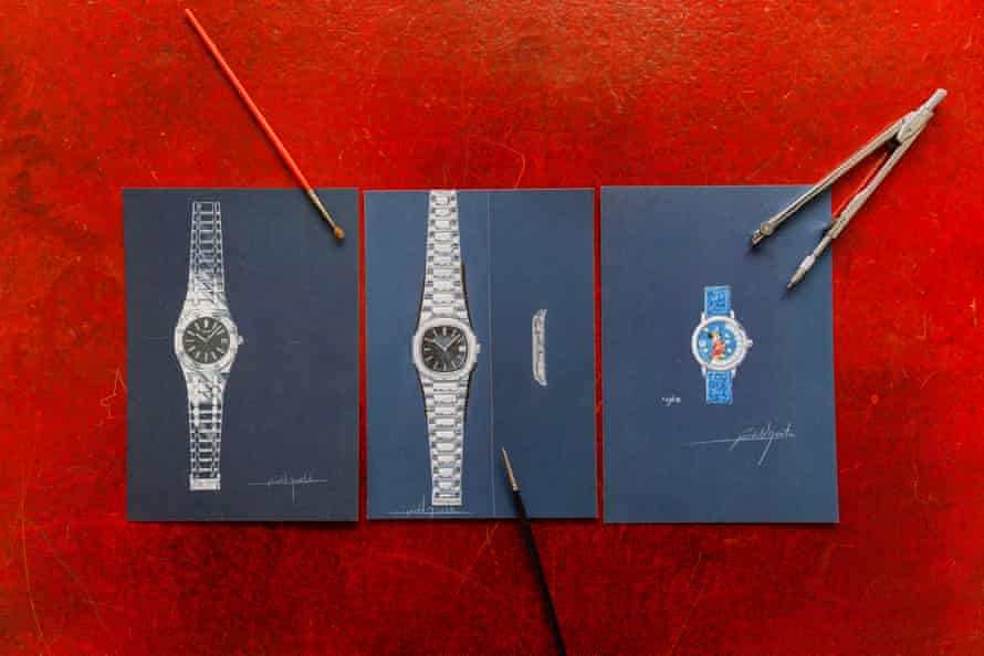 Assorted paintings of Gérald Genta’s watch designs.