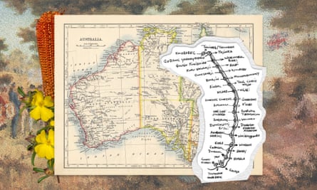 A hand-drawn map of the east coast of Australia featuring the original First Nations placenames by Darren Rix is overlaid on top of a 1895 map of Australia