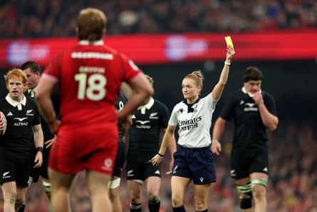 Hollie Davidson shows the yellow card to Wales’ Gareth Thomas in November.