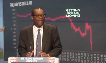 Kwasi Kwarteng is superimposed on a graph of the falling pound.