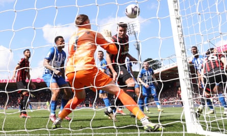 Marcos Senesi heads in Bournemouth’s opening goal at the Vitality Stadium.