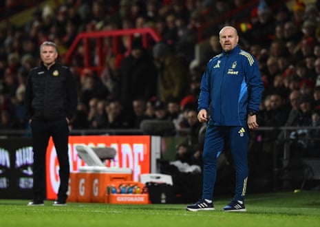 Nottingham Forest manager Sean Dyche and Wrexham manager Phil Parkinson look on during the match.