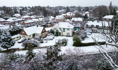 Snow has fallen and photographed by drone over the village of Fetcham in Surrey this morning as the cold weather continues.