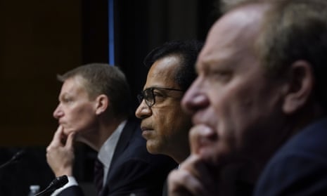 Kevin Mandia, the FireEye CEO, Sudhakar Ramakrishna, the SolarWinds CEO, and Brad Smith, the Microsoft president, testify during a Senate hearing.