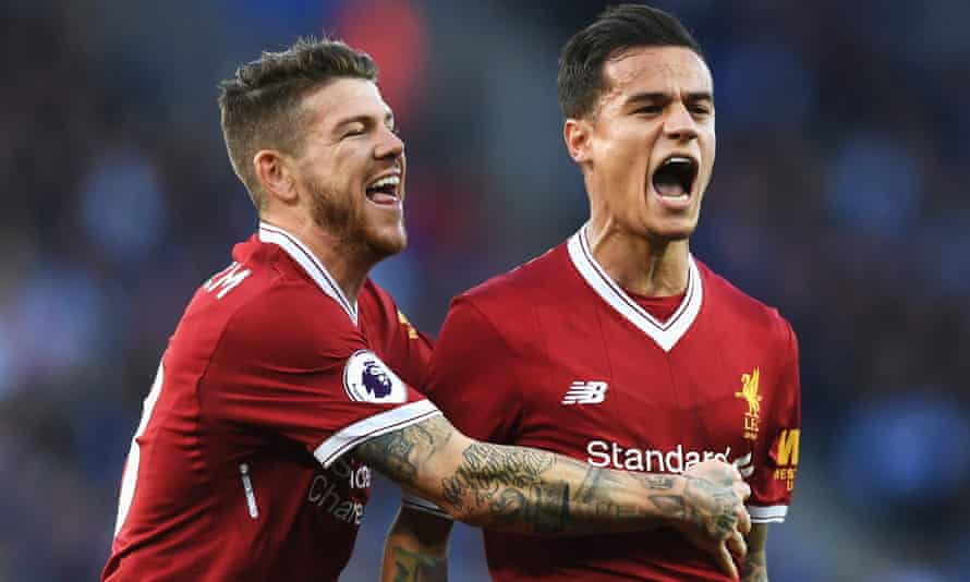 Alberto Moreno congratulates his Philippe Coutinho after the Brazilian scored at Leicester in September