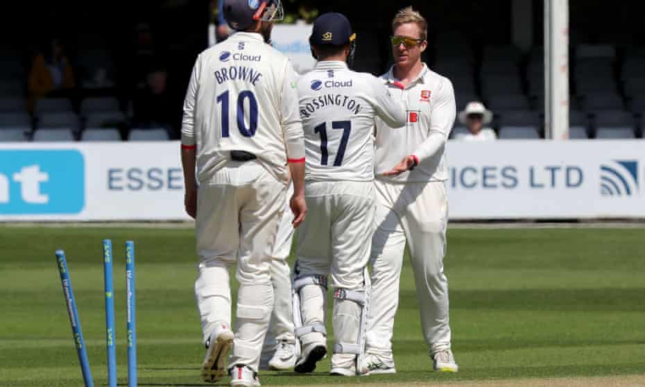 Essex’s Simon Harmer of Essex celebrates taking the wicket of Jordan Thompson of Yorkshire on day four.