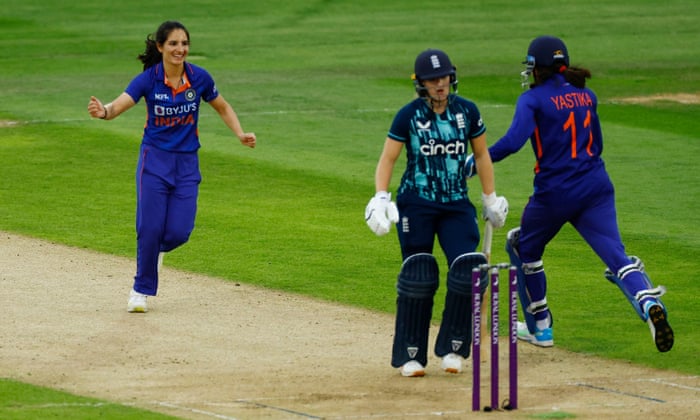 India's Renuka Singh celebrates taking the wicket of England's Emma Lamb lbw.