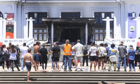 The front entrance to Old Parliament House has been extensively damaged after a fire took hold. on Thursday.