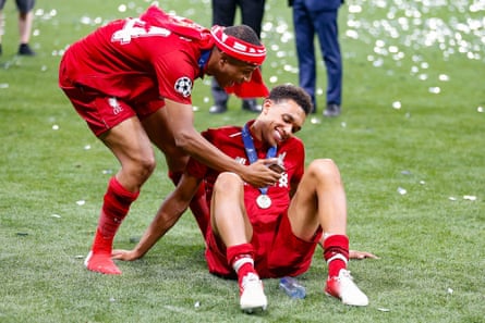 The Liverpool forward Rhian Brewster takes a selfie with Trent Alexander-Arnold after the final whistle.