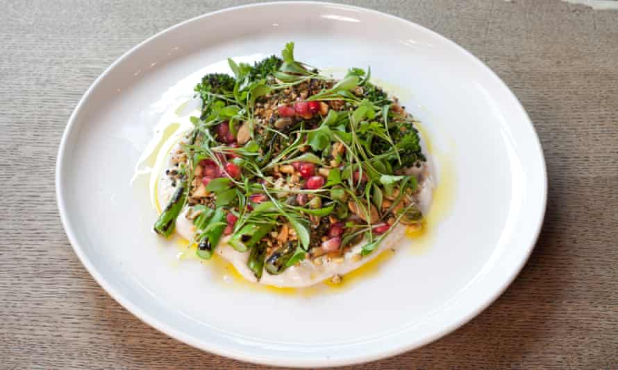 ‘Bejewelled with pomegranate seeds’: charred tenderstem broccoli.