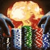 Two hands reach toward stacks of poker chips, with a large explosion in the background