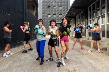 Boxers (from left) Manuela Campbell, Mackenzie Qu and Ailsa Mullins at Hot Girl Boxing in east London