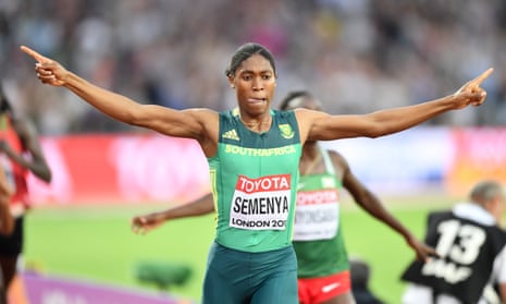 Caster Semenya celebrates winning the women’s 800m at the London Stadium in a personal best of 1:55.16