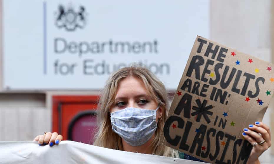 Students protest outside the DfE against the A-level and GCSE exam results before a government U-turn