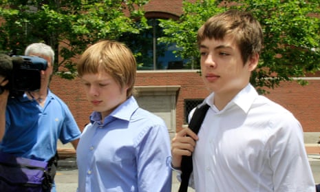 Tim Foley, 20, left, and his brother Alex, 16, leave federal court after a bail hearing for their parents, Donald Heathfield and Tracey Lee Ann Foley, in Boston, on Thursday, July 1, 2010.