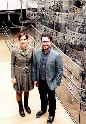 Constanze Itzel and Martí Grau Segú, director and a curator at the House of European History in Brussels, pictured by the Vortex of History, a 25-metre-high installation.