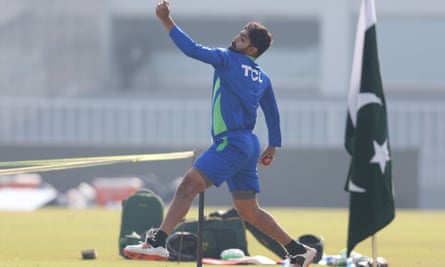 Pakistan’s Test debutant Haris Rauf bowls in the nets at Rawalpindi Cricket Stadium