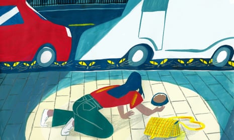 illustration of person with cat food as cats hide under cars