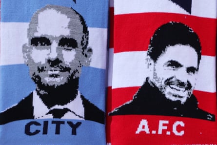 Football scarves featuring Pep Guardiola and Mikel Arteta