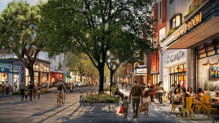 shops, trees and a walkable area 