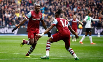 Michail Antonio celebrates after heading an equaliser for the Hammers. 