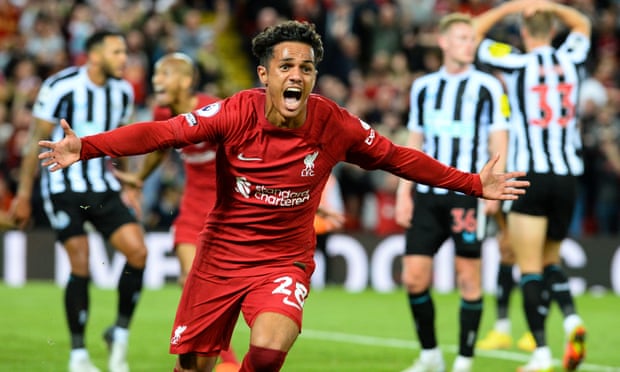 Fábio Carvalho celebrates his winner in the final minute against Newcastle at Anfield