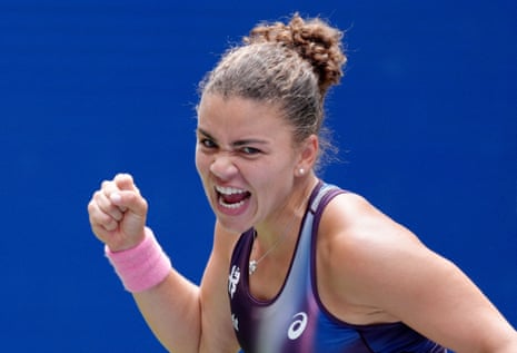Italy's Jasmine Paolini celebrates after winning her first round match against Slovenia's Veronika Erjavec.