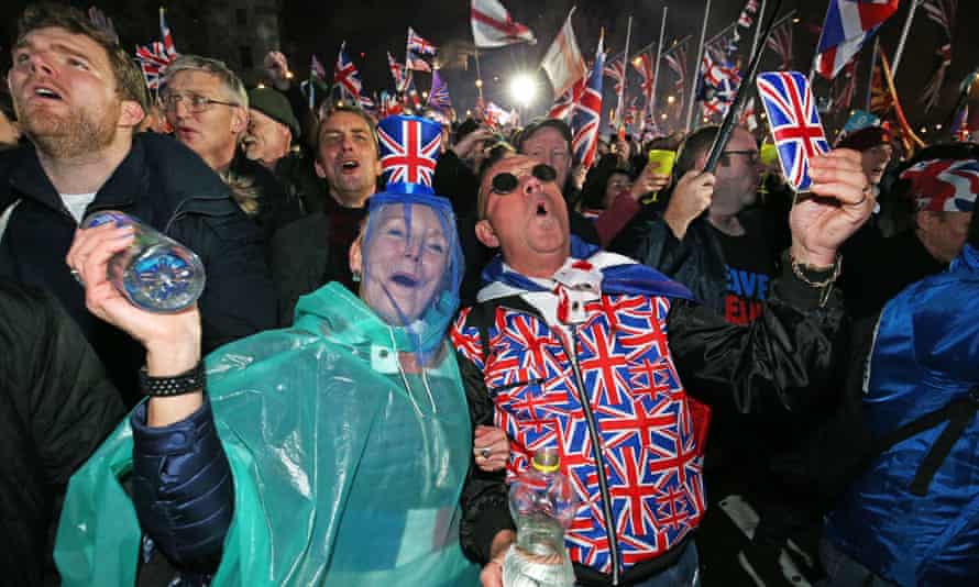 Pro-Brexit supporters celebrating in Parliament Square