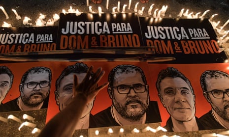 Posters depicting Dom Phillips and Bruno Pereira are used in a protest by Brazilian Indigenous people in São Paulo on 23 January, 2023.