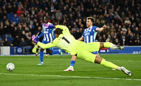 Brighton's Jack Hinshelwood shoots at goal but the ball is cleared off the line.
