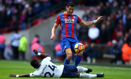 Serge Aurier tackles Joel Ward at Wembley. The Spurs right-back was not at his best in the narrow win.