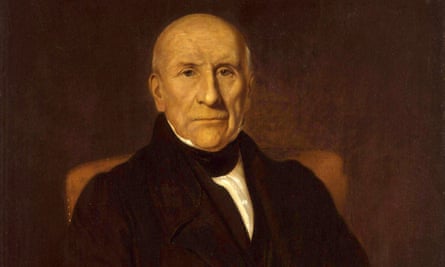 Oil portrait of an older,bald man wearing a high collar and a dark jacket, looking out of the painting with an expressionless face