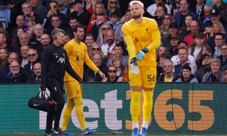 Liverpool’s Alisson leaves the pitch with Vitezslav Jaros taking his place.
