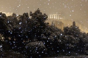 Athens, Greece
The Acropolis during a snowfall in central Athens.